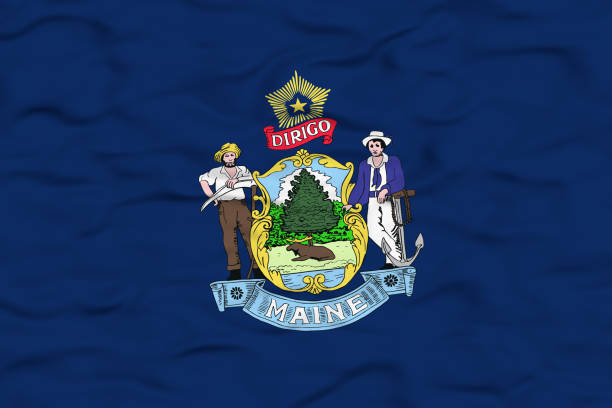 A detailed depiction of the Maine state flag featuring the state coat of arms with a farmer and a sailor flanking a shield displaying a moose and a pine tree, along with the state motto \
