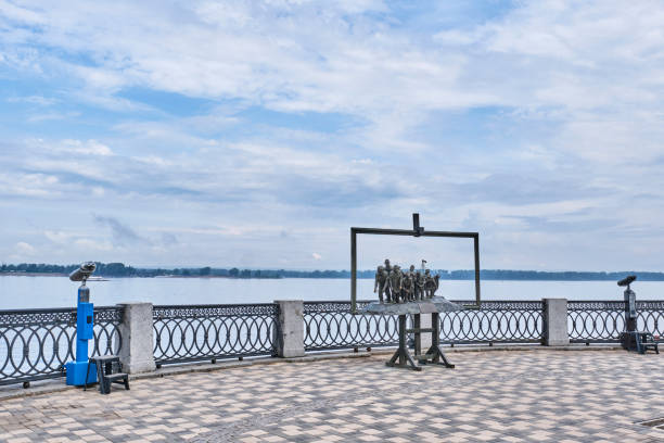 Samara, Russia - June 8, 2024: Observation deck on Volga River embankment. Sculptural composition based on painting by Russian artist Repin Burlaki on Volga. Travel concept
