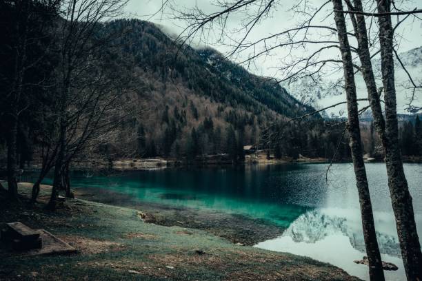 istock Mountain lake with turquoise water, surrounded by trees and a misty forested mountain backdrop 2186508332
