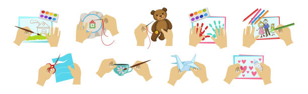 Hands Creating Craft Enjoy Workshop Activity Vector Set Hands Creating Craft Enjoy Workshop Activity Vector Set. Creative Hobby and Craftwork origami hand stock illustrations