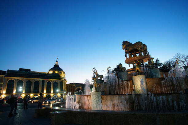 Kolkhida square in Georgia in blue hour twilight.Part of Panorama fountain in the centre