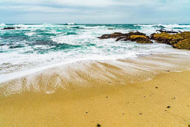 istock Serene beach with gentle waves and cloudy sky 2186510575