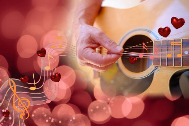 musical notes, chords with heart, acoustic guitar with strings hanging freely, beautiful texture, decoration, love, background for design, postcards, concept of music, romantic melody, Valentine's Day