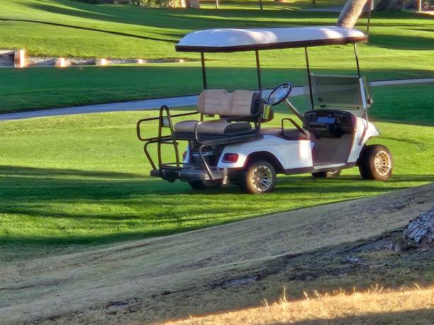 Two men ride in a golf cart carrying golf bags along a narrow path