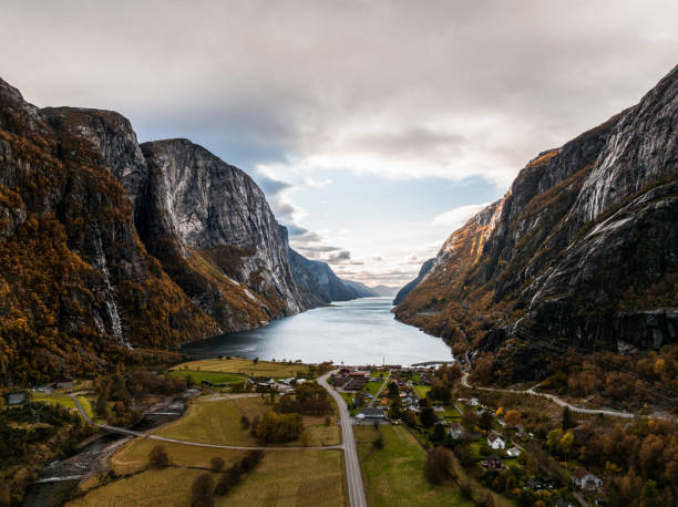Aerial view of Lysefjord, Norway on autumn day.
