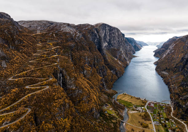 Aerial view of Lysefjord, Norway on autumn day.