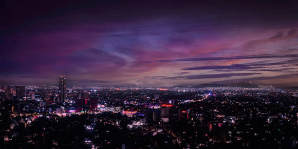Mexico City Twilight Skyline and Dramatic Cloudscape in Ciudad de México: Beautiful vibrant historic metropolis at an altitude of 7,350 ft.