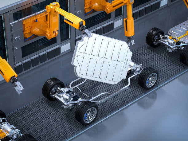 istock Robot assembly line with ev car battery on undercarriage platform 2186542960