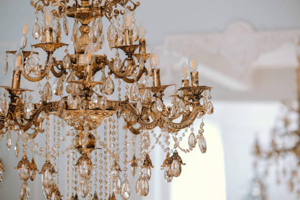 istock Elegant chandelier adorned with crystals in a bright indoor setting 2186543023