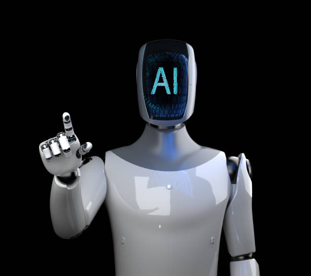 istock Humanoid robot with black face isolated on black 2186543026