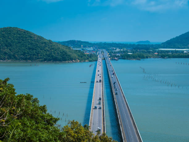 Songkhla, Thailand - March 7, 2024 : Tinsulanonda Bridge in Songkhla is the longest concrete bridge of Thailand. Link the island, Koh Yor, with the mainland