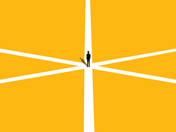 illustrazioni stock, clip art, cartoni animati e icone di tendenza di strategia di problem solving. l'uomo d'affari fa una scelta a un bivio. vettore - scegliere