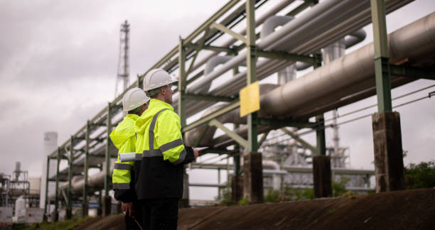istock Engineers wearing safety gear, including hard hats examining survey a large blueprint tablet standing industrial facility gas or oil refinery engaged in a job requires high safety standards concept 2186572165