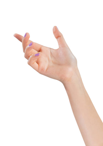 Clipping path, woman hand touching or pointing on isolated white background.