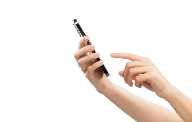 Clipping path, Hand holding the black smartphone on isolated white background.