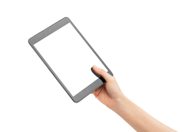 istock Clipping path, Hand holding the black digital tablet with mockup of blank screen on isolated white background. 2186572334
