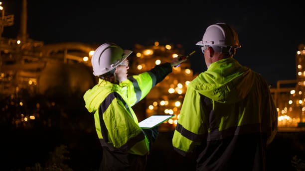 istock Engineers wearing safety gear, including hard hats examining survey are using tablet collaborating and discussing on screen work plant site use with night lights of oil refinery industry background 2186572492