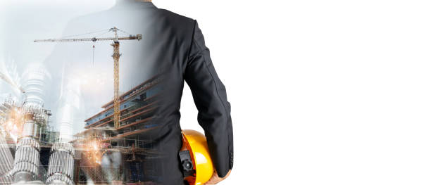 istock Double Exposure Building Construction Engineering Project machinery Concept Graphic designers, architects or construction workers with modern technology and equipment. 2186580483