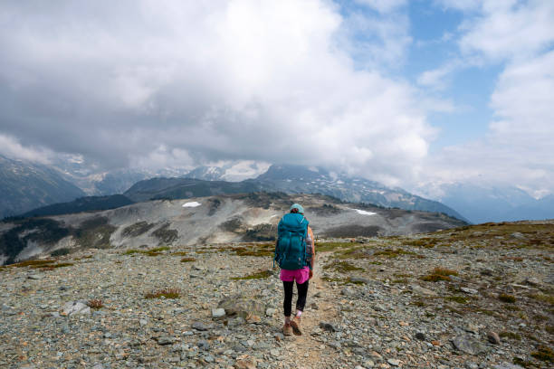 istock Young woman backpacks on alpine trail 2186583053