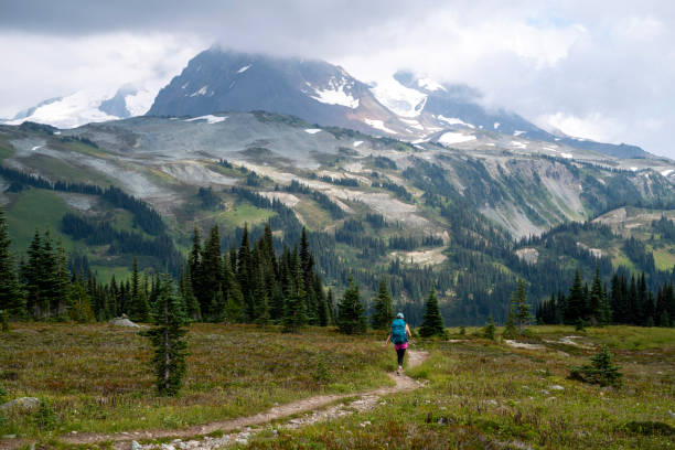 istock Young woman backpacks on alpine trail 2186583107