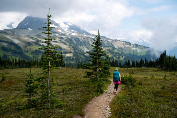 istock Young woman backpacks on alpine trail 2186583108