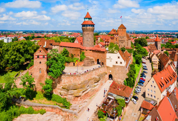 Nuremberg Castle aerial panoramic view. Castle located in the historical center of Nuremberg city in Bavaria, Germany.