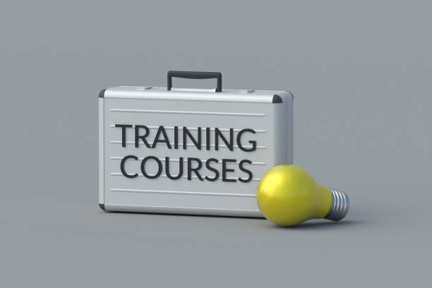 istock Training courses words on metal suitcase near electric bulb. Knowledge concept. Improving skills. Professional development. 3d render 2186590559