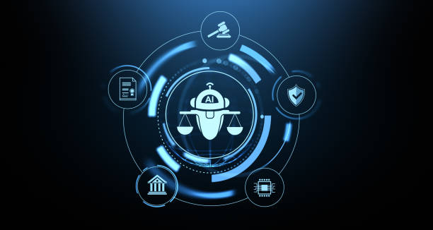 AI and legal ethics concept with futuristic interface. 3D Rendering