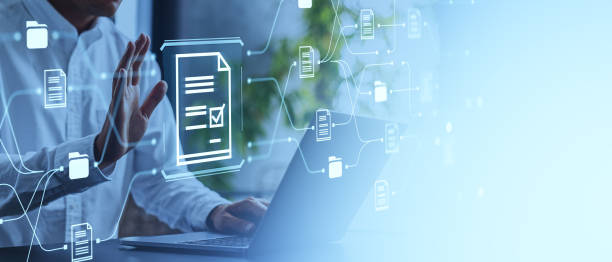 istock Man hand touch document management system and files hologram, copy space 2186591344