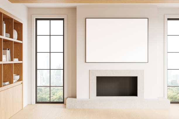istock Stylish home living room interior with fireplace and shelf, mockup frame 2186591487