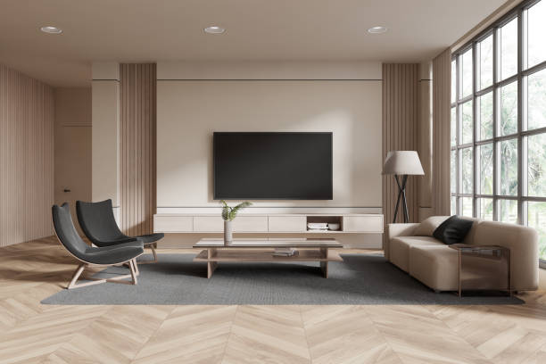 istock Home living room interior with couch and tv console, panoramic window 2186591490