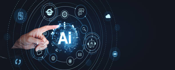 istock Finger pointing at digital AI interface with various icons on dark background. 2186592153