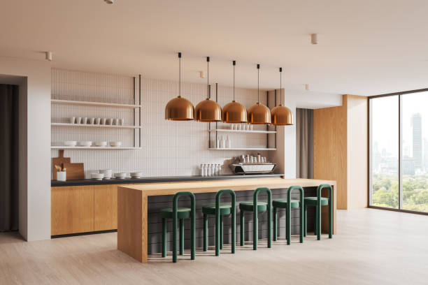 istock Modern kitchen with wooden accents and green stools. 3D Rendering 2186592434