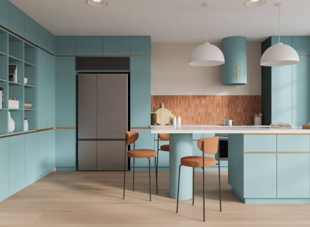 istock Colored home kitchen interior with bar island and cabinet, refrigerator 2186592545