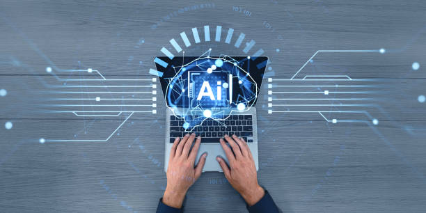 istock Man hands typing on laptop, digital AI brain hologram and machine learning 2186592626