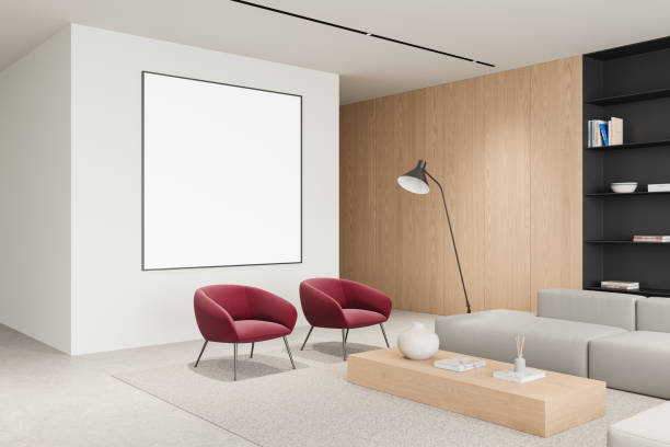 istock Home living room interior couch and armchairs, coffee table and mockup frame 2186592932