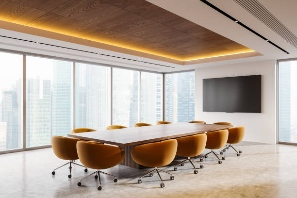 istock Light conference interior with board and chairs, tv display and panoramic window 2186593036