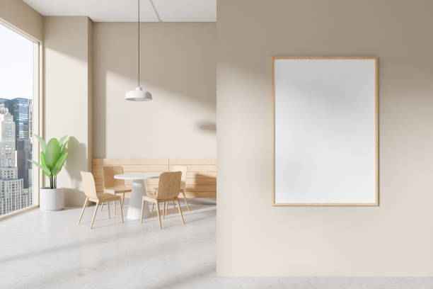 istock Beige and wooden restaurant interior with panoramic window, mockup frame 2186593118