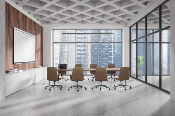 istock Modern conference room with a blank poster on the wooden wall. 3D Rendering 2186593253