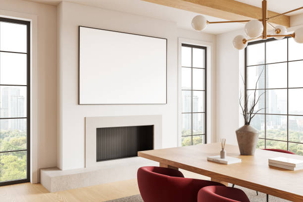 istock Light home living room interior with chairs and dining table, mockup frame 2186593327