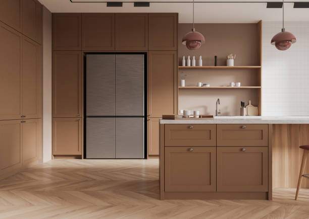 istock Stylish home kitchen interior with bar island and cabinet, refrigerator 2186593592