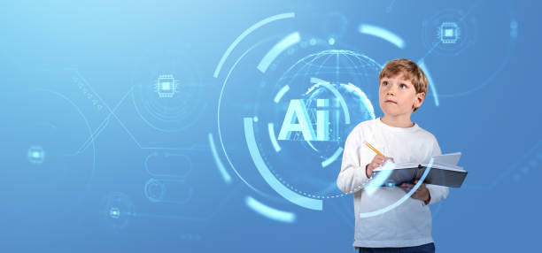 istock Boy writing in notebook surrounded by AI holograms on blue backg 2186593650