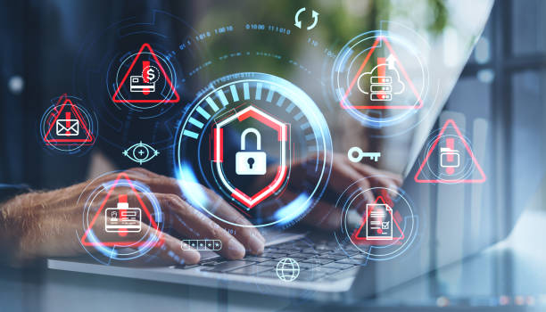 istock Cybersecurity concept with digital lock icons and threat indicators on a laptop screen. 2186594196