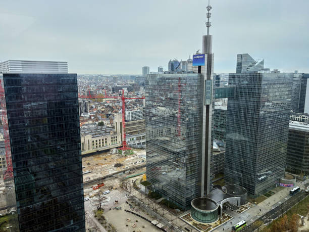 BRUSSELS,BELGIUM -NOVEMBER 21, 2024: Skybridge connecting Proximus - Belgacom Tower I and II, office blocks  on november 21, 2024 in Brussels, Belgium.
