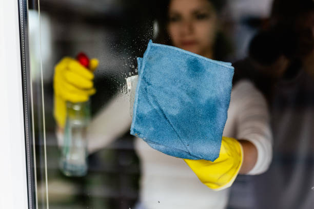 istock Young woman washing window 2186597409