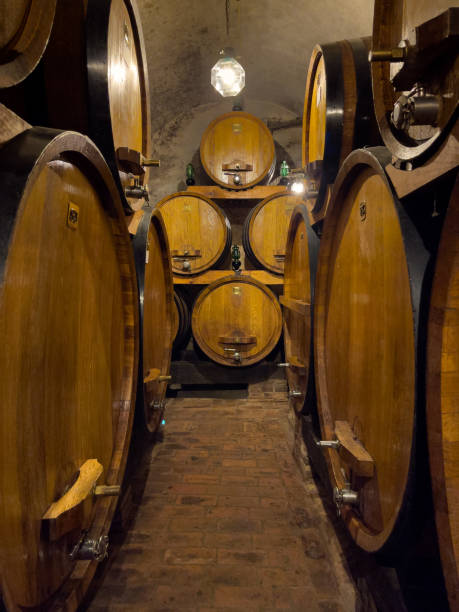istock Wooden barrels are stored in an old wine cellar 2186598385