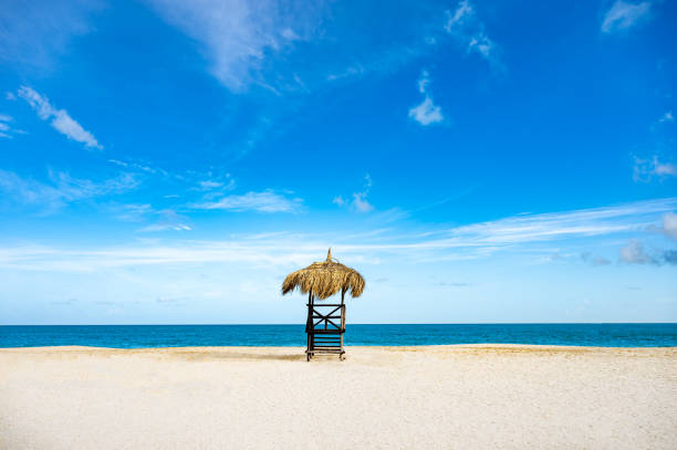 A beach hut with a straw roof sits on the beach. The hut is empty and the beach is calm