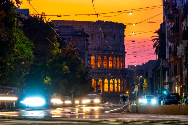 A perspective of the Colosseum's eastern facade as seen from Via Labicana in Rome, Italy.