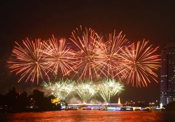 istock celebration fireworks and lighting at Phra Phuttha Yodfa memorial bridge Cho Phraya river 2186609820