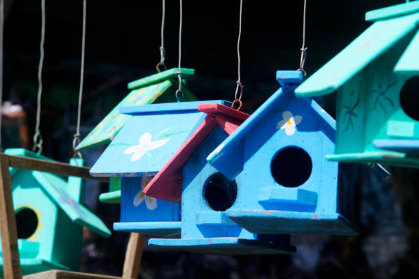 Brightly colored birdhouses hang delicately in a natural setting, showcasing vibrant hues of blue, green, and red. Perfect for capturing the essence of outdoor charm.